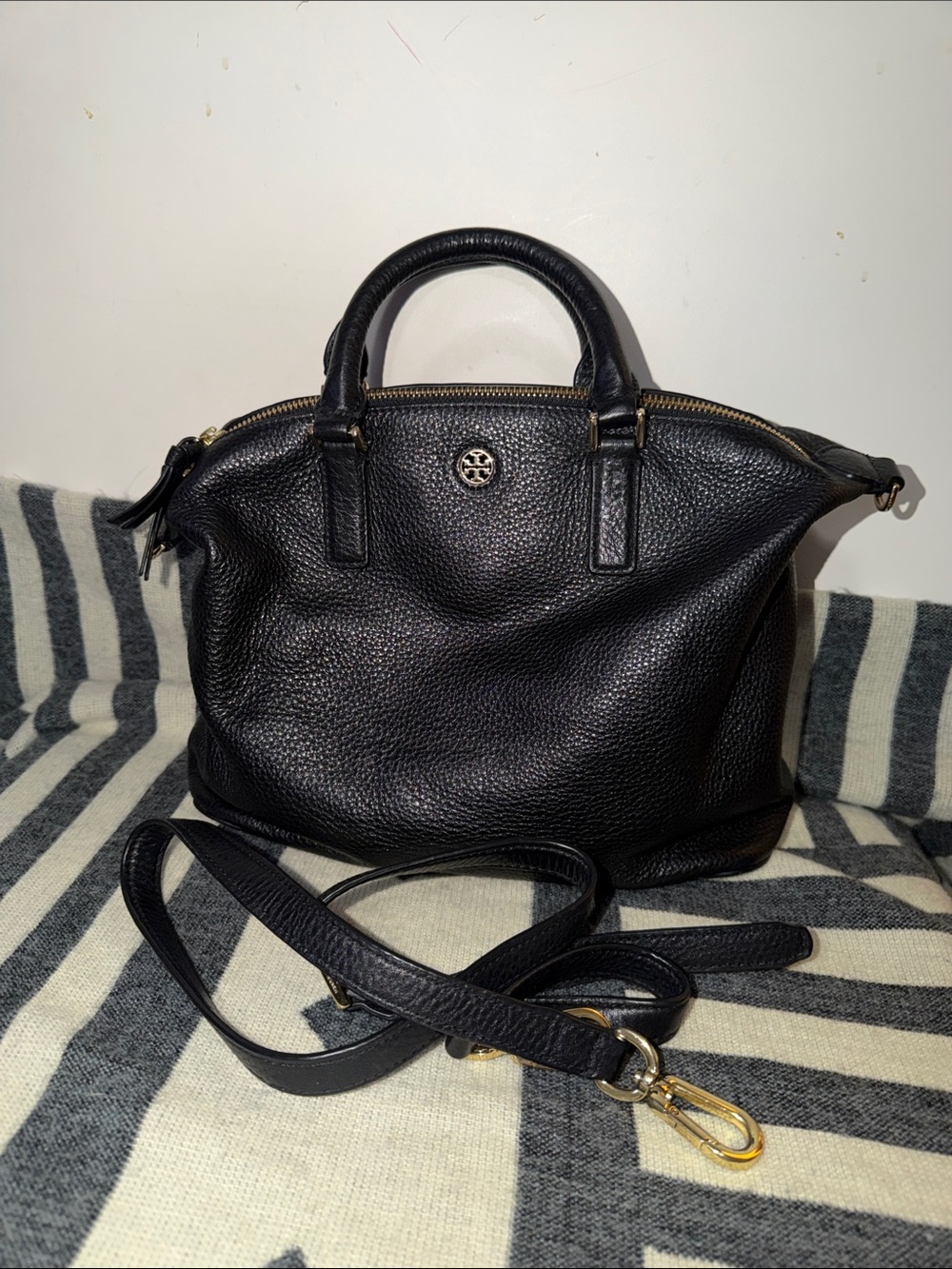 Tory Burch Black Pebbled Leather Satchel with Removable Strap